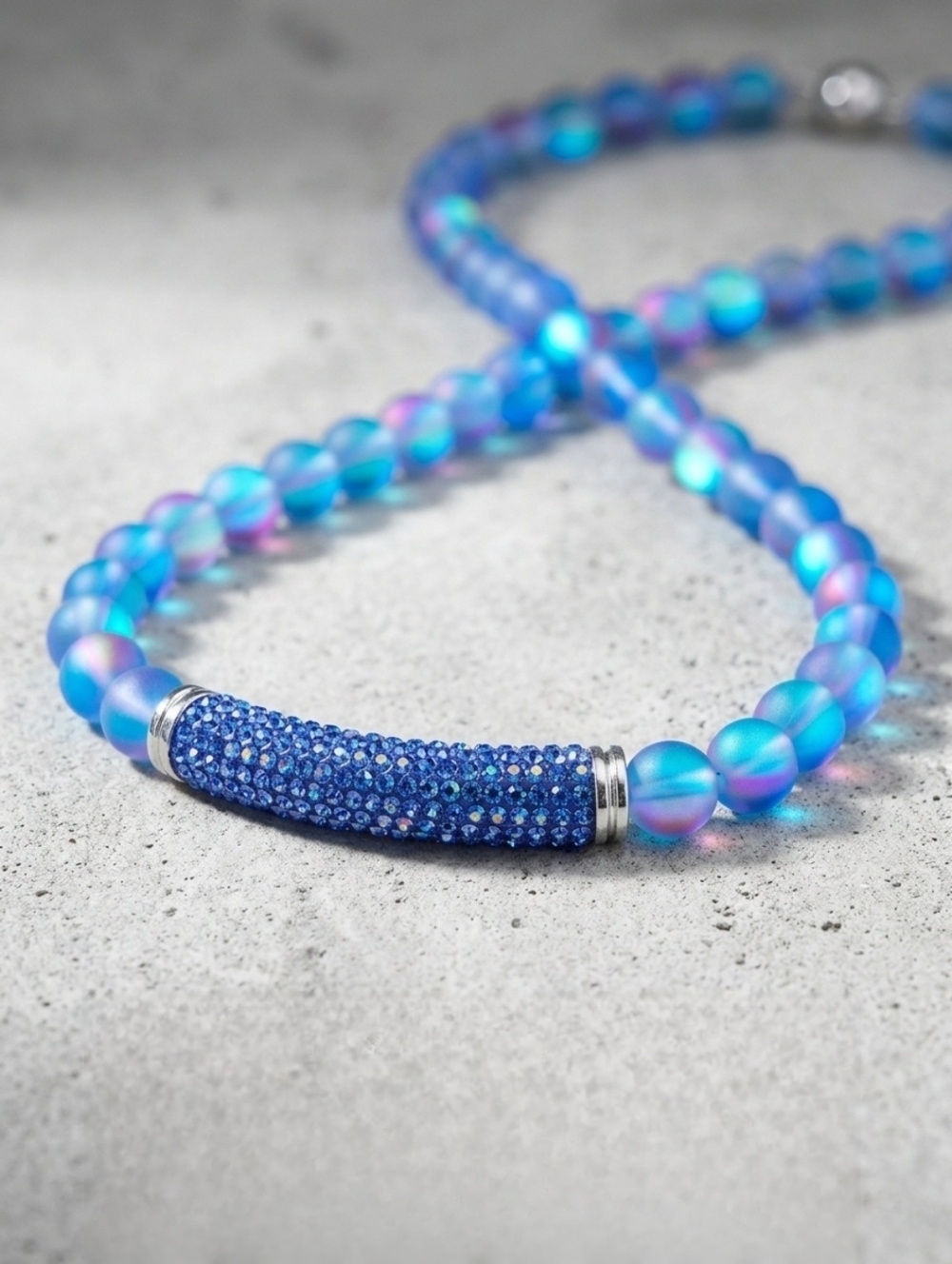 Iridescent Blue Aurora Borealis Choker with Magnetic Clasp & Crystal Bar